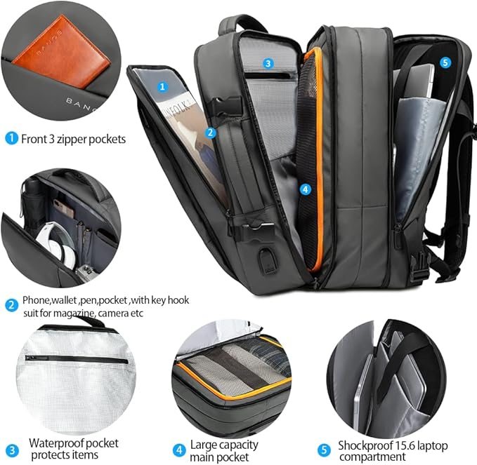 Smart & Safe 37-45L Expandable Backpack - BONSENI LTD